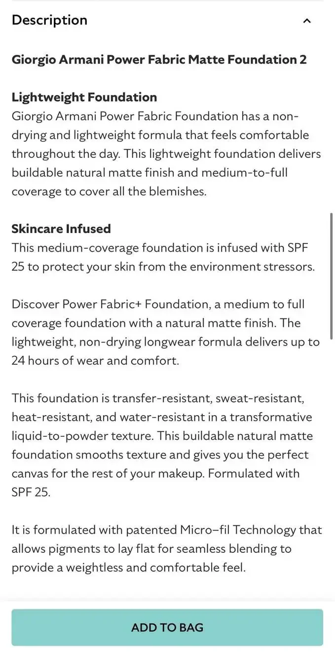 Giorgio Armani Power Fabric+Ultra Longwear Weightless Matte Foundation SPF20 # 2
